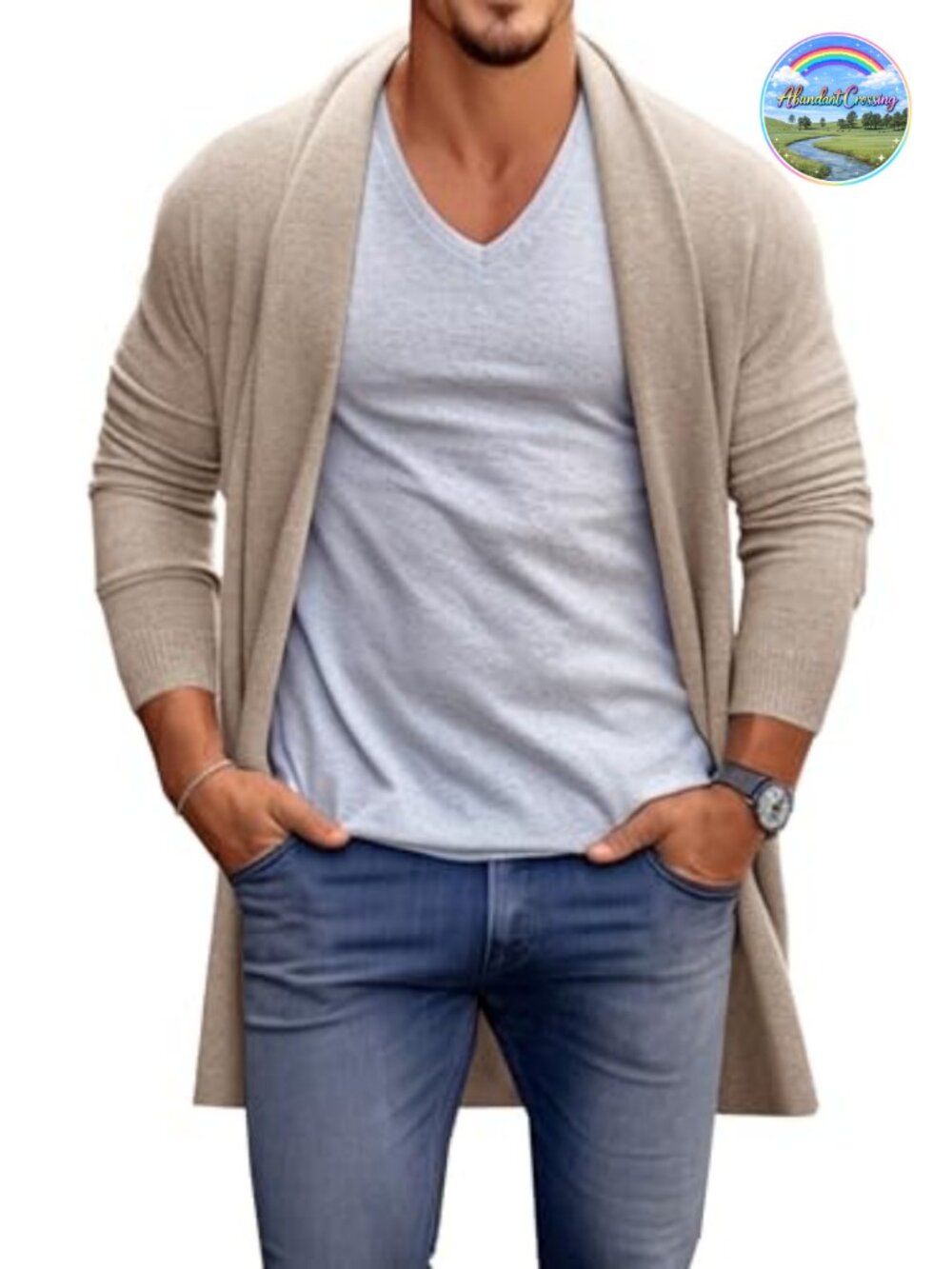 Mens Long Cardigan Ruffle Shawl Collar Open Front Knit Sweater